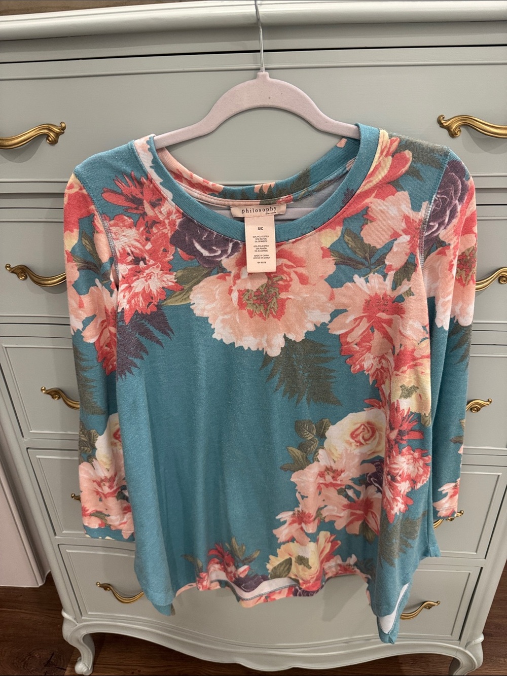 philosophy floral teal long sleeve top small